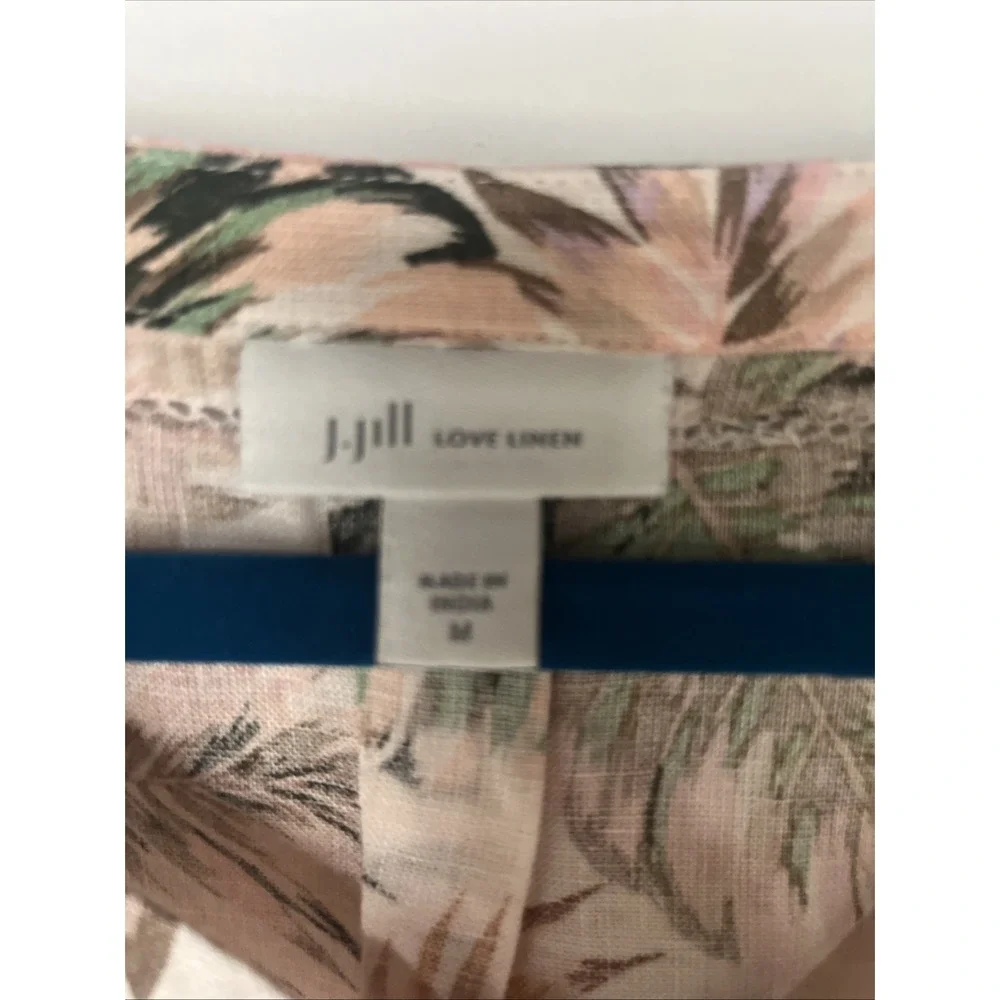 J Jill Love Linen Top Womens M Pink Tropical Palm Print V Neck 100% Linen - Picture 7 of 12
